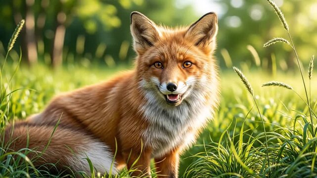 beautiful red fox posing in sunny green field
