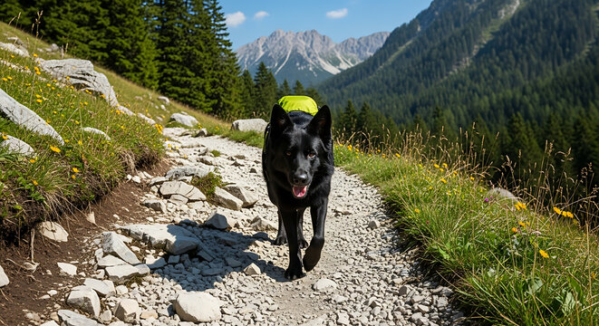 Black dog with a backpack hiking on a rocky trail in the mountains on a sunny day, surrounded by green trees and grass.