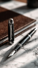 Naklejka premium Close-up of elegant black fountain pen resting on a polished white marble desk beside leather notebook