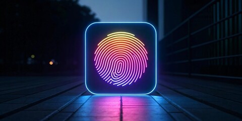 Digital Fingerprint Icon: A luminous fingerprint icon, aglow with vibrant hues, sits upon a wooden surface, suggesting the secure realm of digital identity.