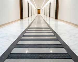 Obraz premium Modern office building corridor with patterned floor and lighting