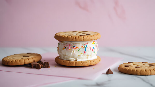 Ice cream sandwich with colorful sprinkles between two round cookies on a pink surface