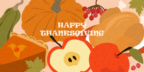 Thanksgiving Holiday Poster,Card with roasted Turkey, Pumpkin Pie, apple slices and festive autumn elements. Banner for seasonal greeting card, decoration, and celebration design. Vector illustration 