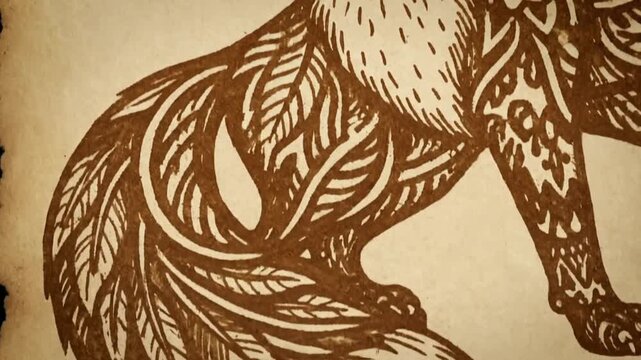 stylized fox drawing ancient tribal patterns vintage paper