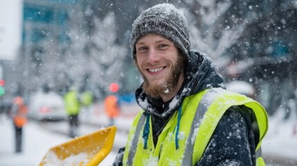 Young man worker smiling while shoveling snow in winter city street  