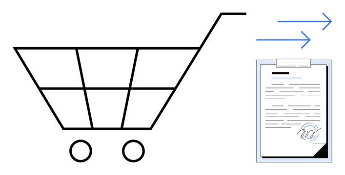 Minimalist cart icon with document, signature, and arrows symbolizing e-commerce, contracts, approvals. Ideal for online shopping, digital transactions, agreements, approvals business retail