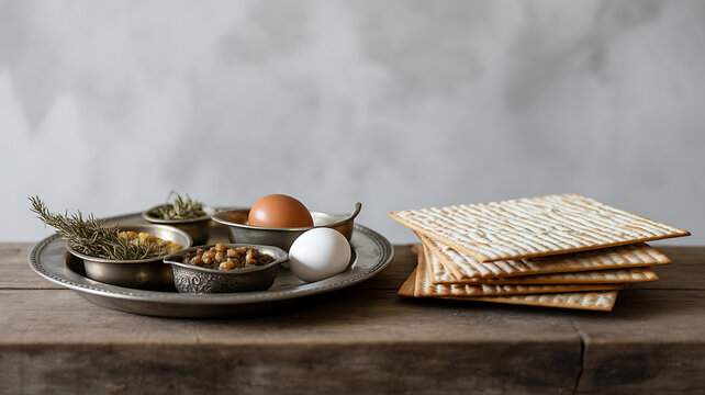 Passover Seder plate with matzah on wooden table