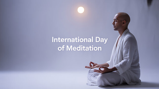 A man in white robes meditates in a serene, minimalist setting on International Day of Meditation