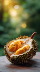 Durian fruit open displaying yellow flesh