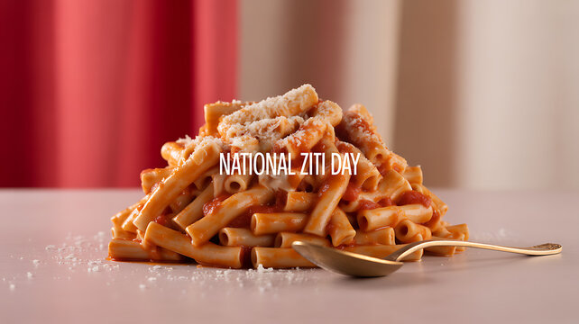 A pile of ziti pasta with tomato sauce and grated cheese, celebrating National Ziti Day
