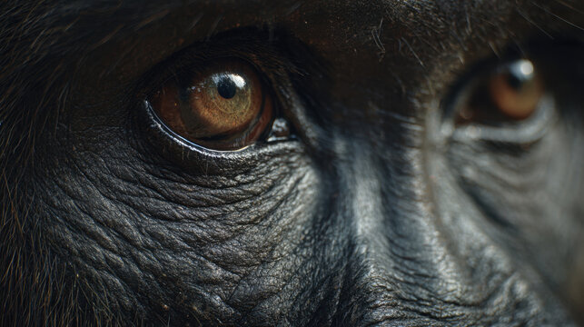 Gorilla close-up showing deep-set brown eyes and textured black fur, highlighting expressive gaze and intricate details of facial features in natural setting.