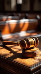 Wooden gavel on table in courtroom