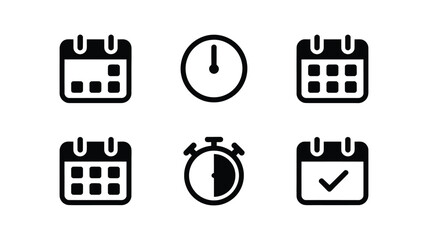 Set of six minimalist black and white vector icons representing calendar and time functions vector