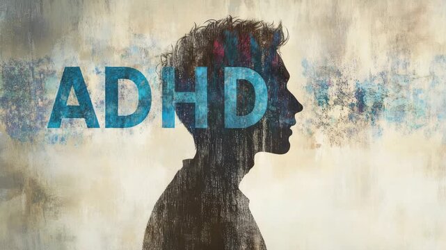 Silhouette of young man with ADHD text background