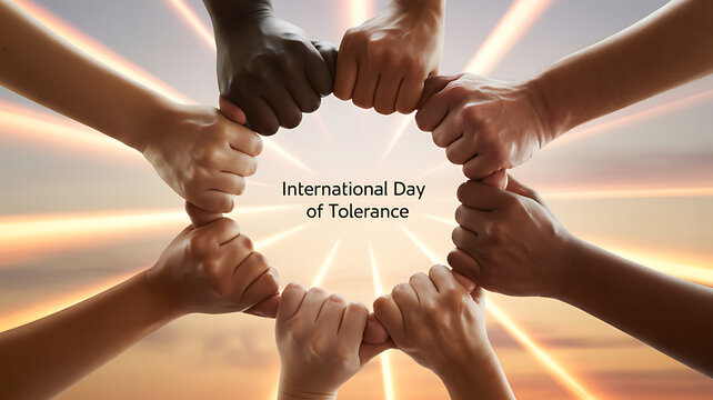 Diverse hands forming a circle in unity against a radiant sky background, celebrating International Day of Tolerance