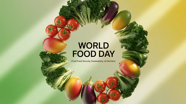 World Food Day celebration with fresh vegetables arranged in a circular pattern promoting food security, sustainability, and nutrition