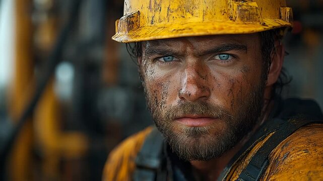Close-up of a rugged worker with intense gaze