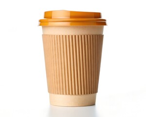 Disposable coffee cup with lid and sleeve isolated on white background