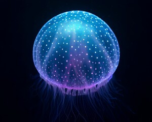 Bioluminescent jellyfish glowing in dark blue ocean water