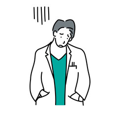 白衣を着た男性が落ち込んだ表情で肩を落としている様子を描いたイラスト｜失敗やストレスをイメージさせる表現で、医療やメンタルヘルス関連のデザインにも使えるベクター素材