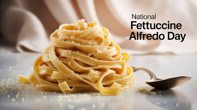 A pile of fettuccine Alfredo with grated cheese and a spoon, celebrating National Fettuccine Alfredo Day