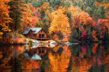 Fototapeta premium Tranquil lakeside cabin surrounded by vibrant autumn foliage reflecting on the calm water at sunset in a serene forested setting