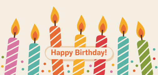 Colorful birthday candles burning with bright flames. Festive celebration illustration with vibrant wax candles in rainbow colors. Party decoration isolated on white background. Vector art design.