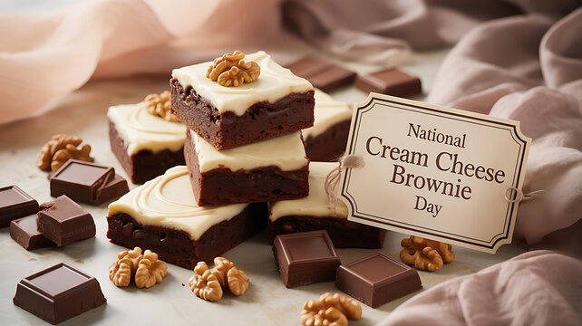 Cream cheese brownies topped with walnuts and chocolate pieces, displayed with a sign for National Cream Cheese Brownie Day