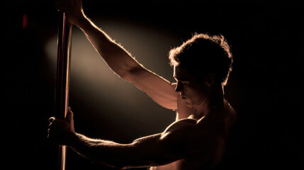 Athletic male performing a dance routine on a pole in a dimly lit studio highlighting muscular definition and graceful movement captured in dramatic lighting.