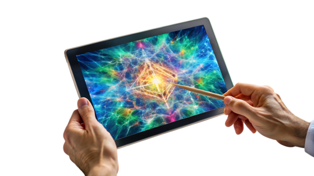 Tablet Displaying Abstract Cosmic Network technology cutout png isolated on a transparent background