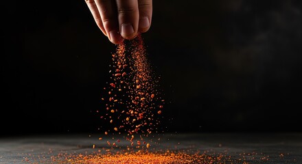 Stunning close up of vibrant red chili pepper flakes falling from a hand onto a dark surface, adding spice and flavor to culinary creations