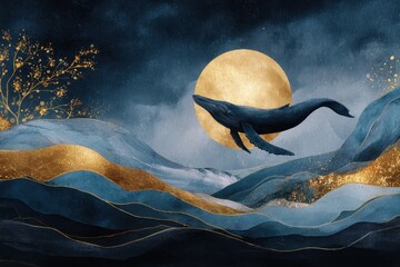 Luxury art background featuring a majestic whale swimming beneath a glowing moon in a serene night sky, complemented by shimmering waves and golden accents