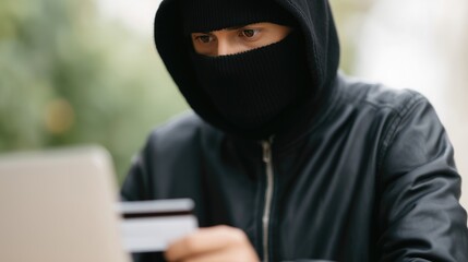 A hacker in a black hoodie and mask with a credit card is sitting at a laptop computer and searching the dark web for personal data to pose as their identity using bank cards