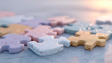 Pastel Colored Puzzle Pieces Scattered on White Surface with Bokeh Background