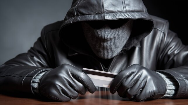 Online fraud. A hacker in a black leather jacket and balaclava mask with a stolen credit card. Internet scammer. Cybercrime - Powered by Adobe