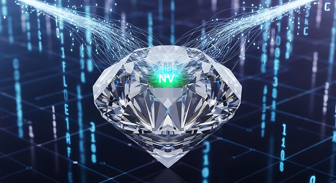 A diamond with a green nv center surrounded by data streams and digital code on a dark background