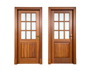 Two identical wooden doors with glass panels