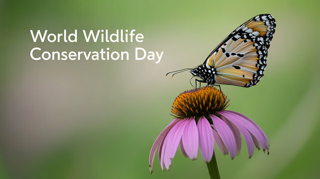 A butterfly perches on a purple coneflower, celebrating World Wildlife Conservation Day.