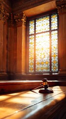 Wooden gavel on table in historic setting