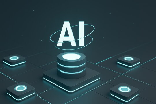 Holographic AI letters hovering above glowing platform with orbital rings and grid blocks, futuristic teal cyber scene for artificial intelligence concepts
 - Powered by Adobe