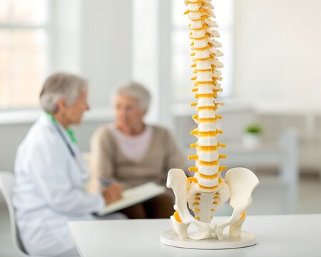 Doctor consulting with elderly patient about spine model