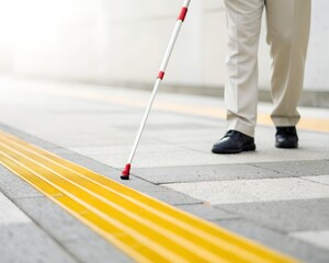 Blind person walking with a white cane on tactile paving