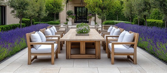 Fototapeta premium Outdoor dining table and chairs with lavender landscaping