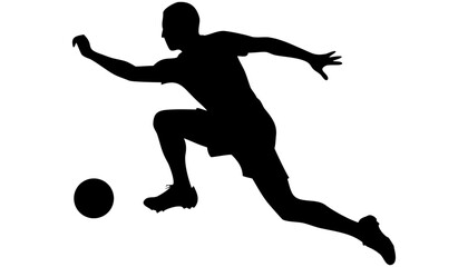 A black vector silhouette of a soccer player in action, running with a ball during a game