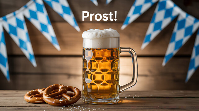 A glass of beer with foam and pretzels on a wooden table, decorated with blue and white checkered flags and the word 'Prost!'