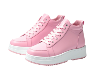 Pair of high-top, light pink sneakers with white soles
