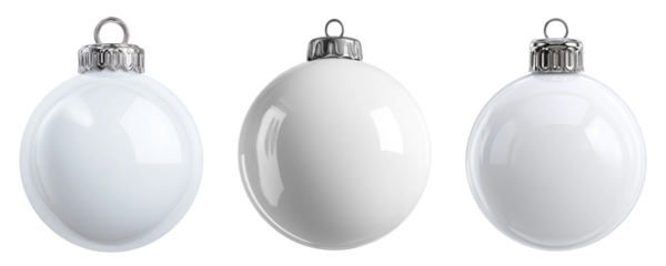 Three elegant white Christmas baubles with metallic caps, isolated on transparent background