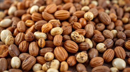 Close-up of a diverse pile of assorted nuts and seeds, showcasing varied textures and colors.