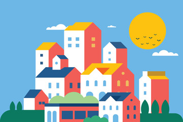 Flat illustration vector in bright colors. Geometric house background design	