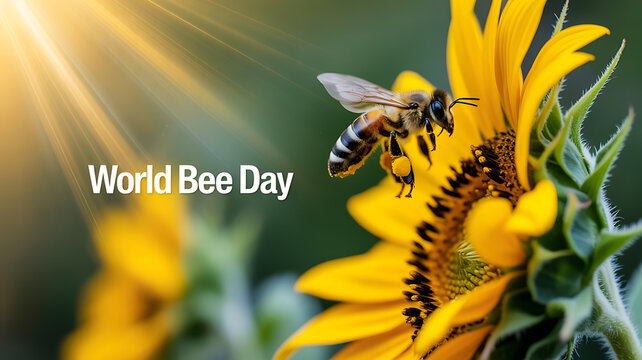 A bee collecting pollen from a sunflower on World Bee Day